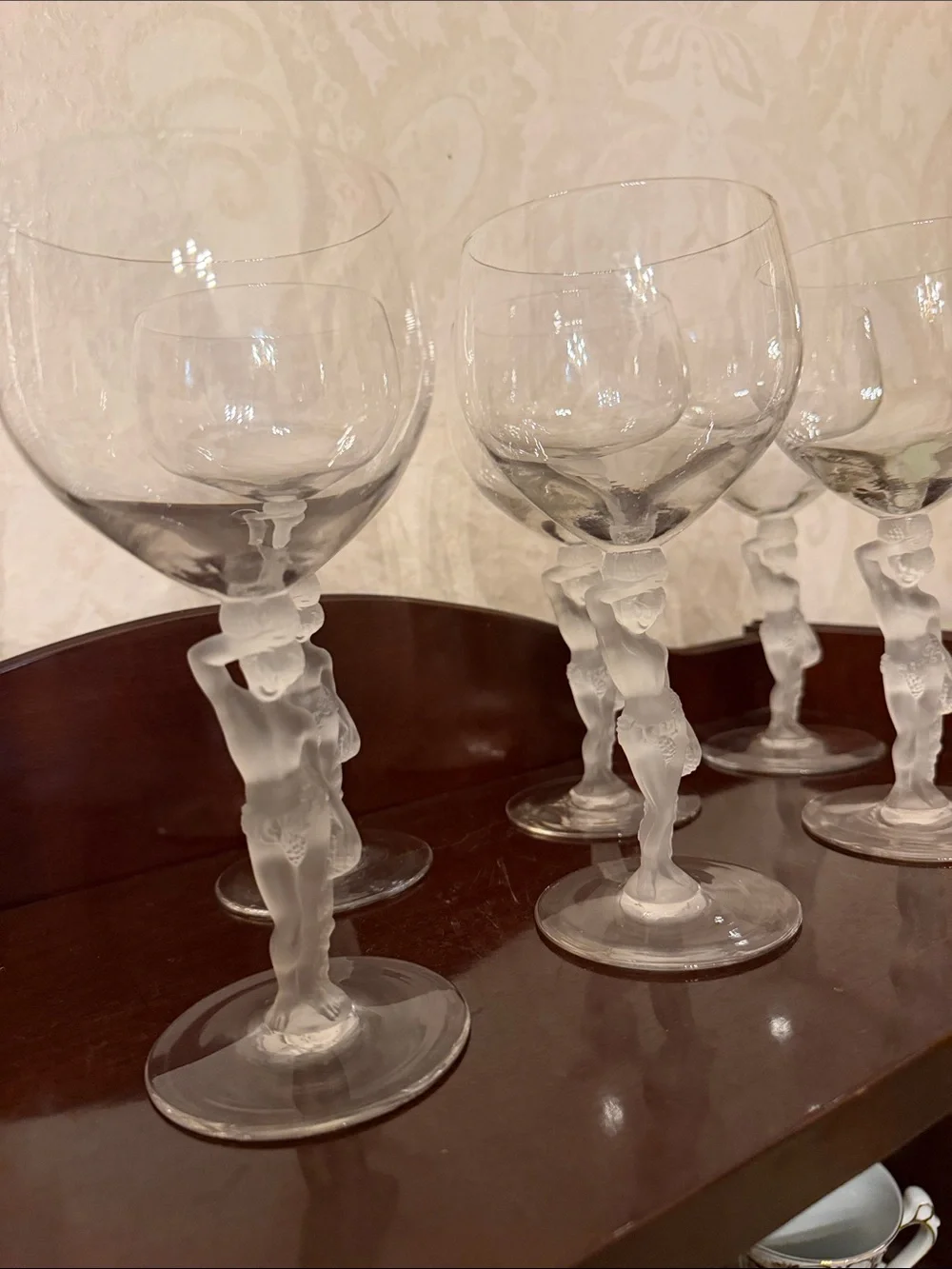 Set of 6 vintage France Bayel Bacchus stem figure crystal goblets, wine glasses